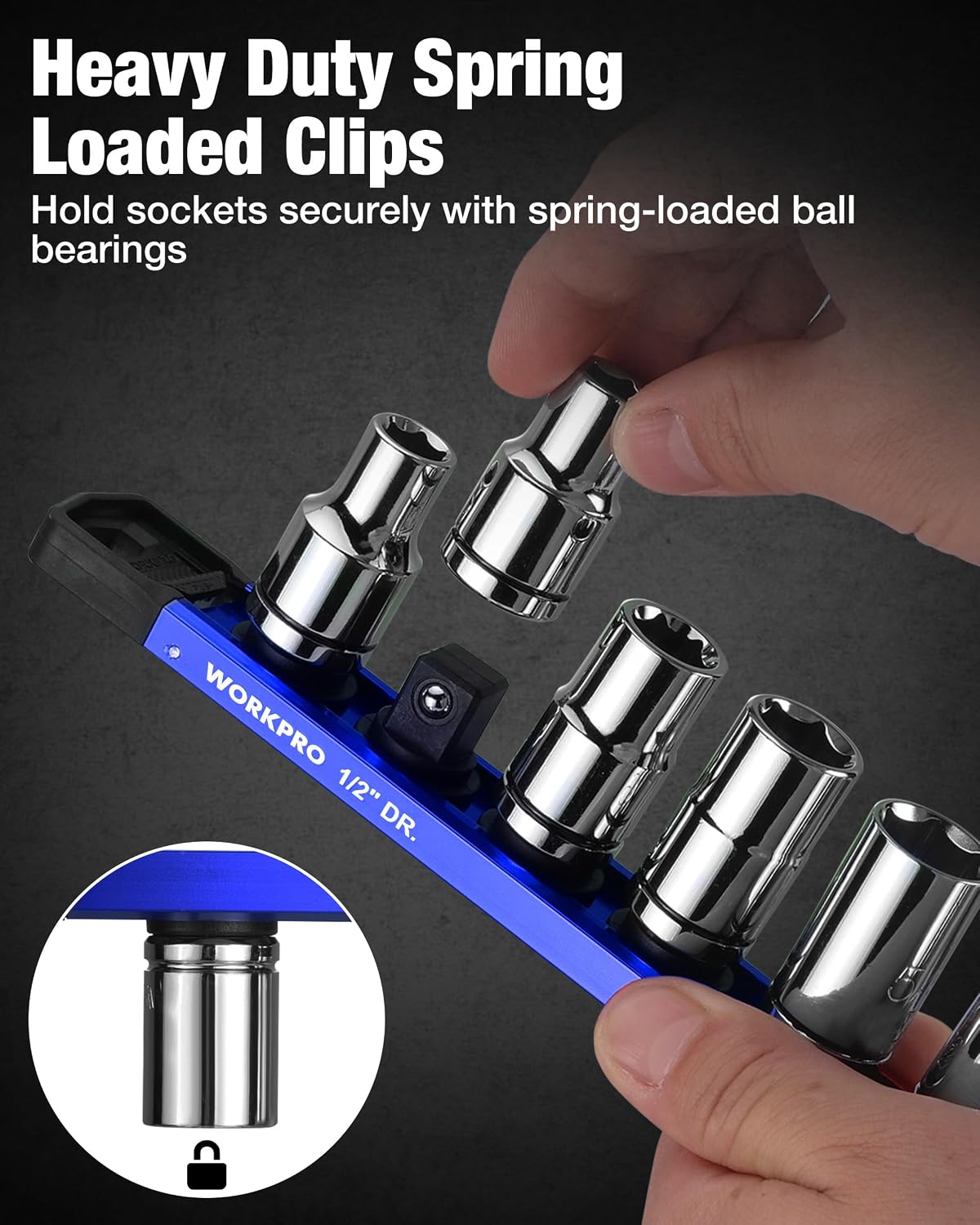 Spring-loaded socket clips on a blue 1/2 in drive magnetic socket rail