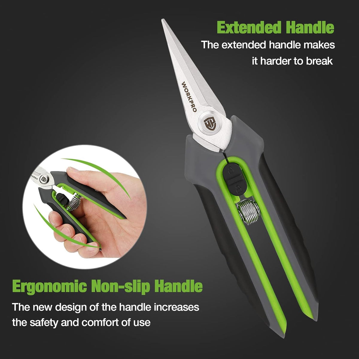 Ergonomic non-slip pruning shears with extended handle, green grips, and blade cap