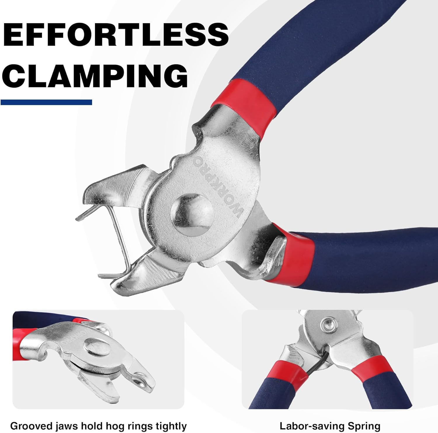 Galvanized hog ring pliers clamping a U-shaped hog ring with spring-loaded jaws