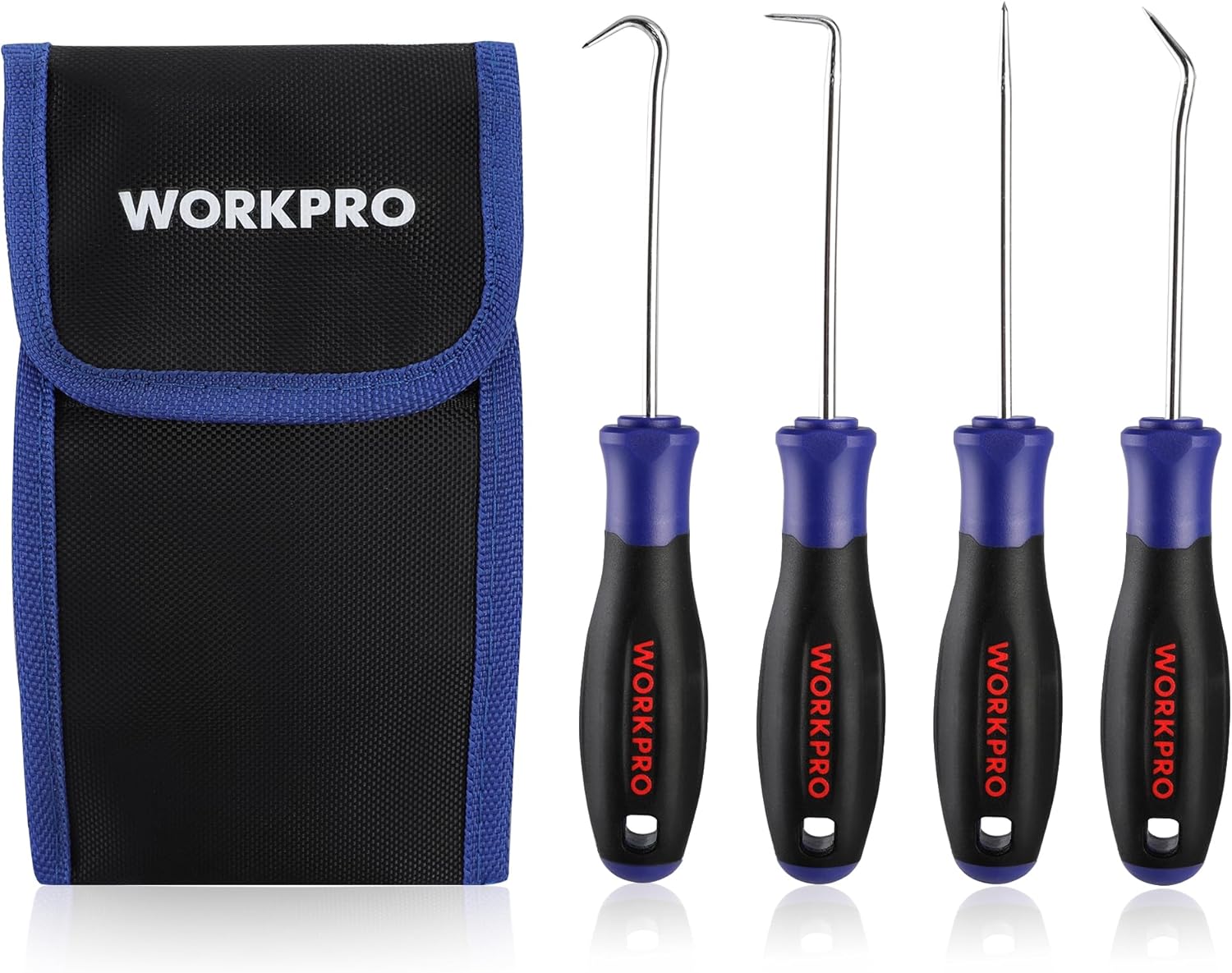 WORKPRO precision hooks and picks set with blue pouch and four blue-handled tools
