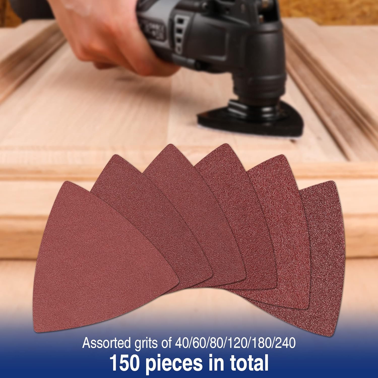 150-piece assorted triangular sanding pads, burgundy abrasive triangles in a stack