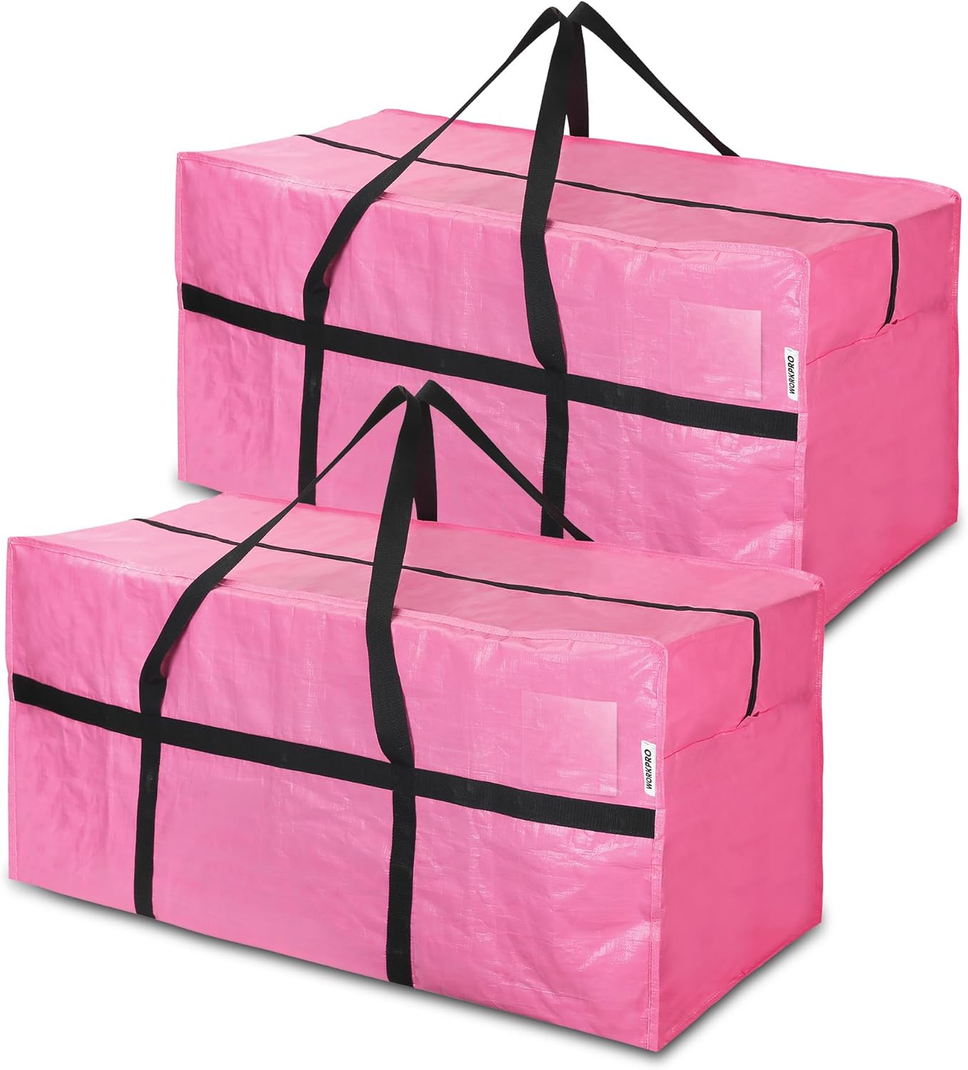 Pink 2-pack extra large storage totes with black straps and top handles.