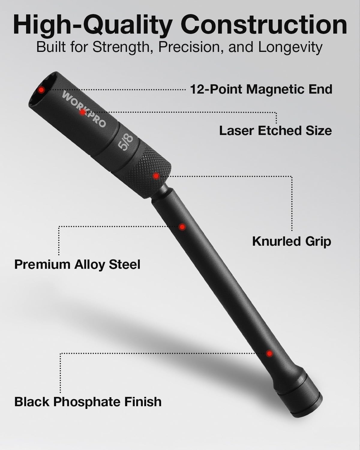 Black 5/8 in spark plug socket with 12-point magnetic end and laser-etched size