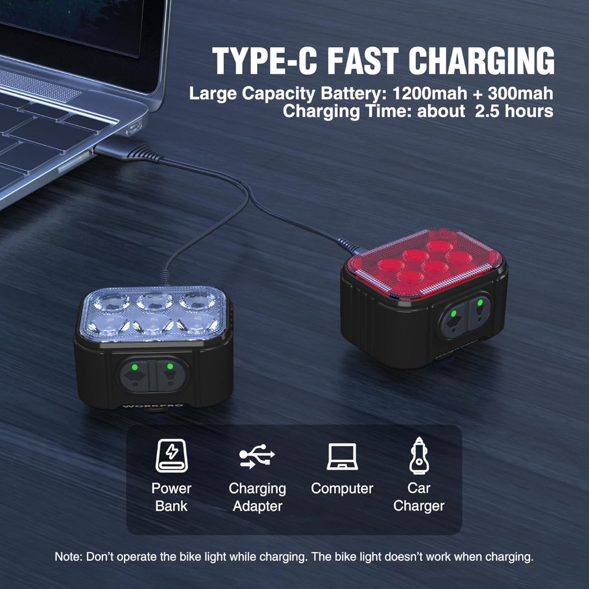 Rechargeable bike light set with Type-C fast charging and two light units