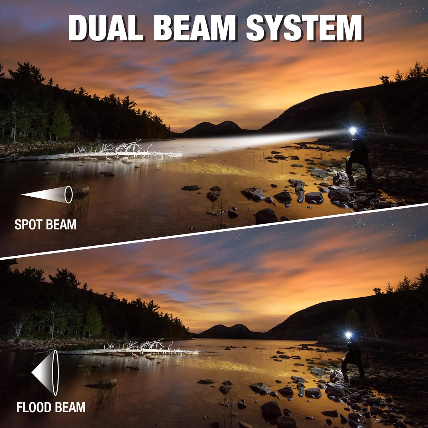 Headlamp casting spot and flood beams, person wearing the light by a shoreline at night.