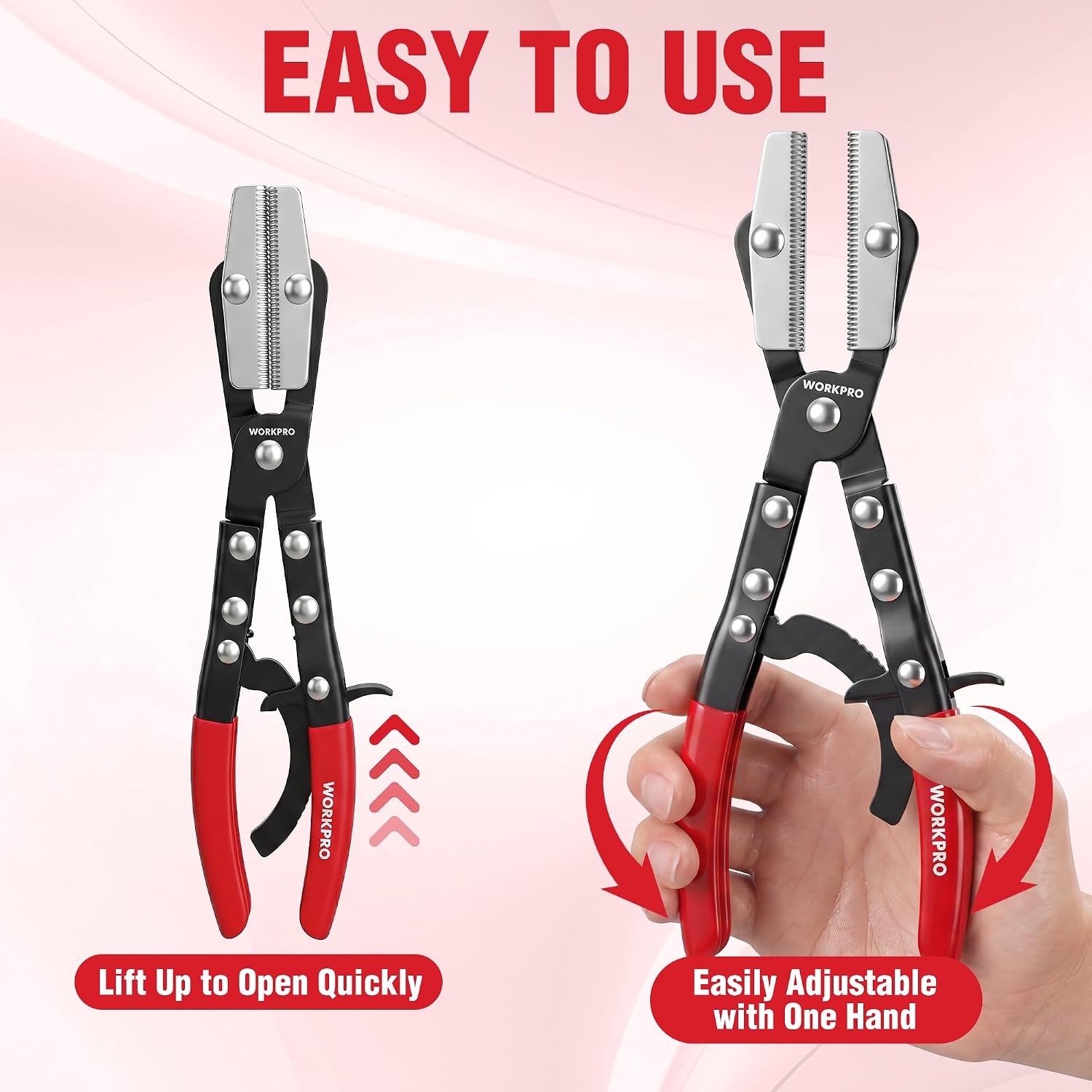 Three-size ratcheting hose pinch pliers, silver jaws with red and black grips