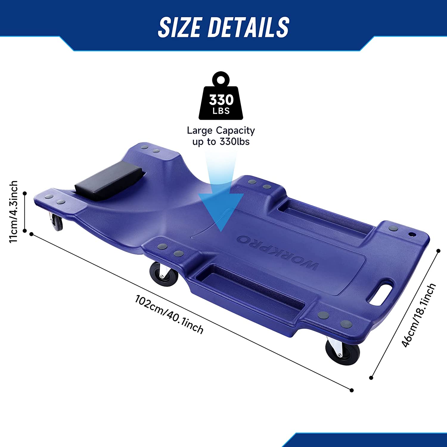 Blue mechanic creeper with padded headrest and caster wheels