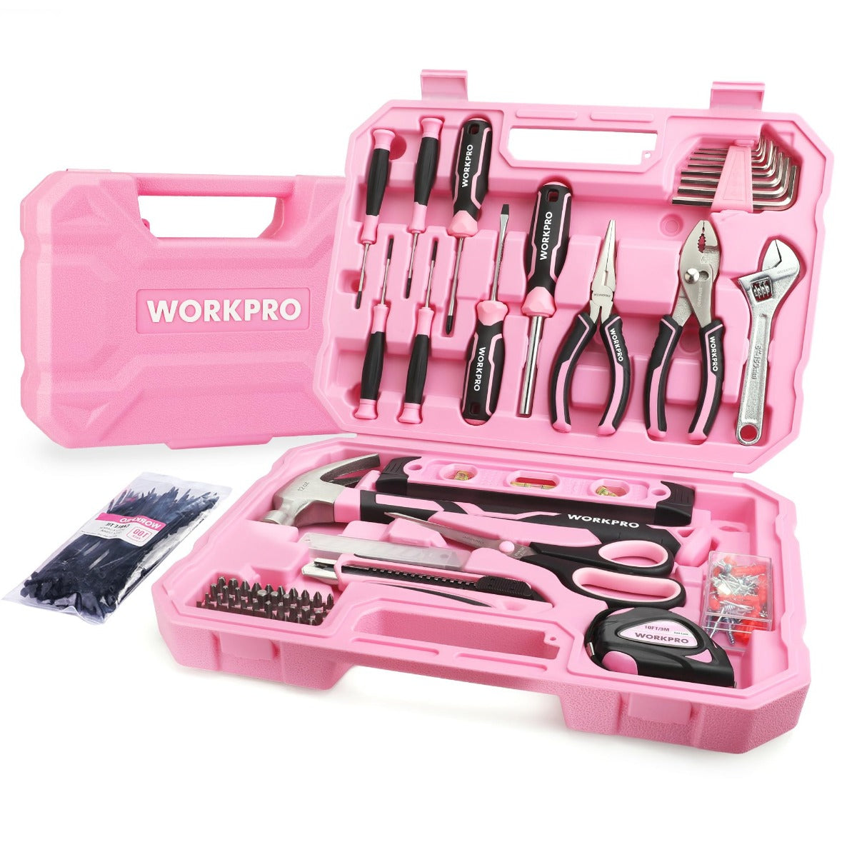 Pink plastic case with assorted screwdrivers and bits, organized in molded slots