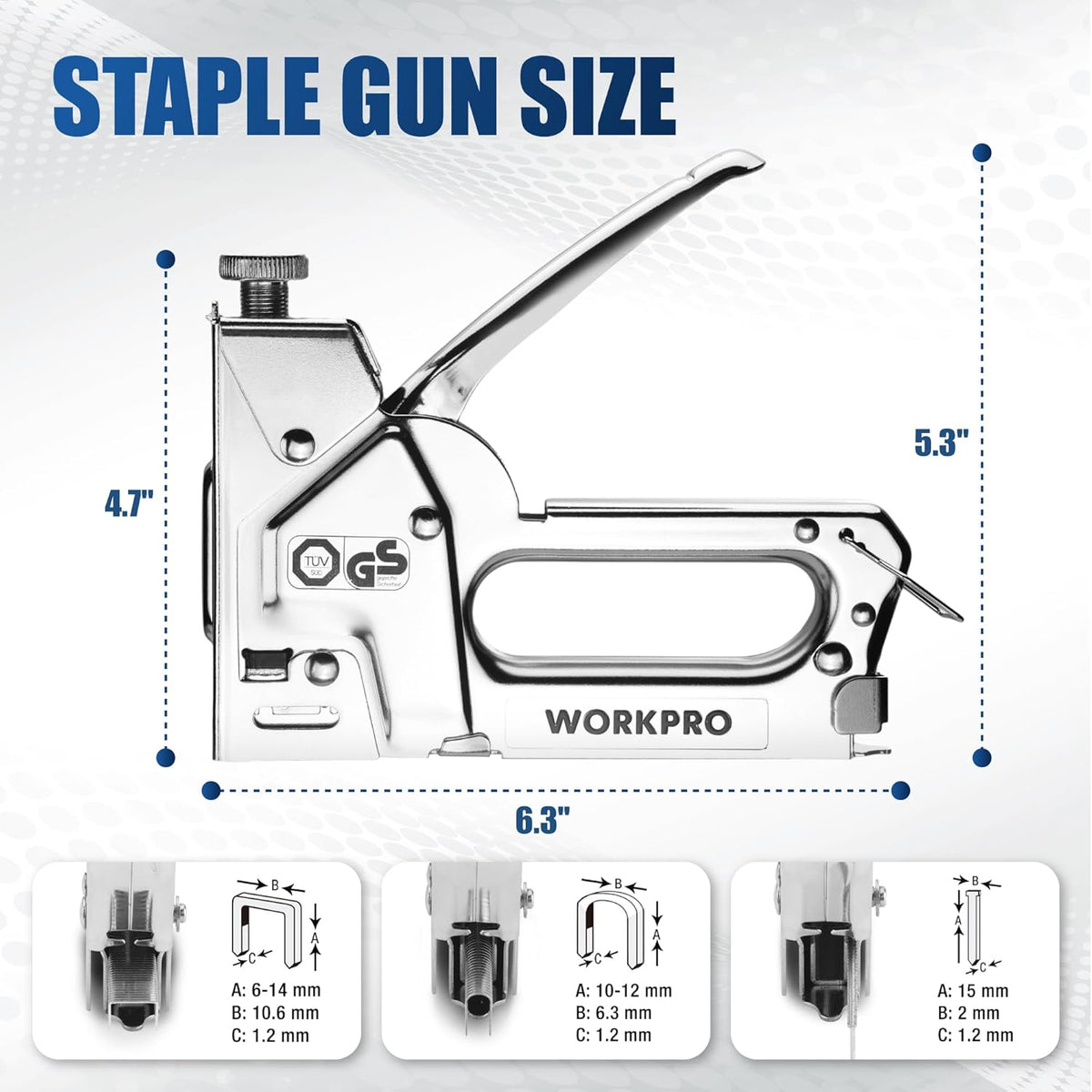 Manual staple gun with adjustable power knob and front drive channel