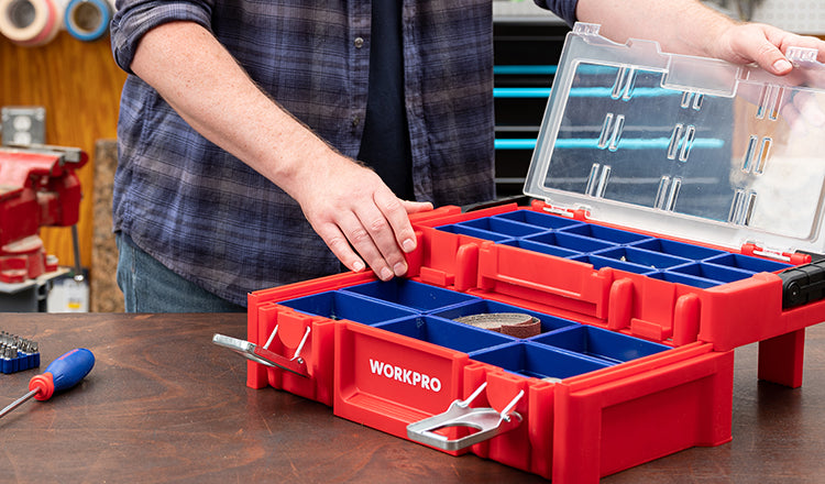 WORKPRO Tool Box Portable 16 with Removable Tray Heavy Duty Toolbox with 2  Metal Latches, Rated up to 33 Lbs, PP Plastic Small Tool Boxes with Lock