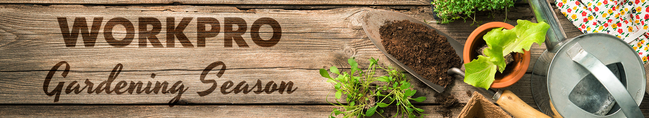 Wooden gardening scene with shovel, orange pot of seedlings, metal watering can, and soil on a rustic plank background