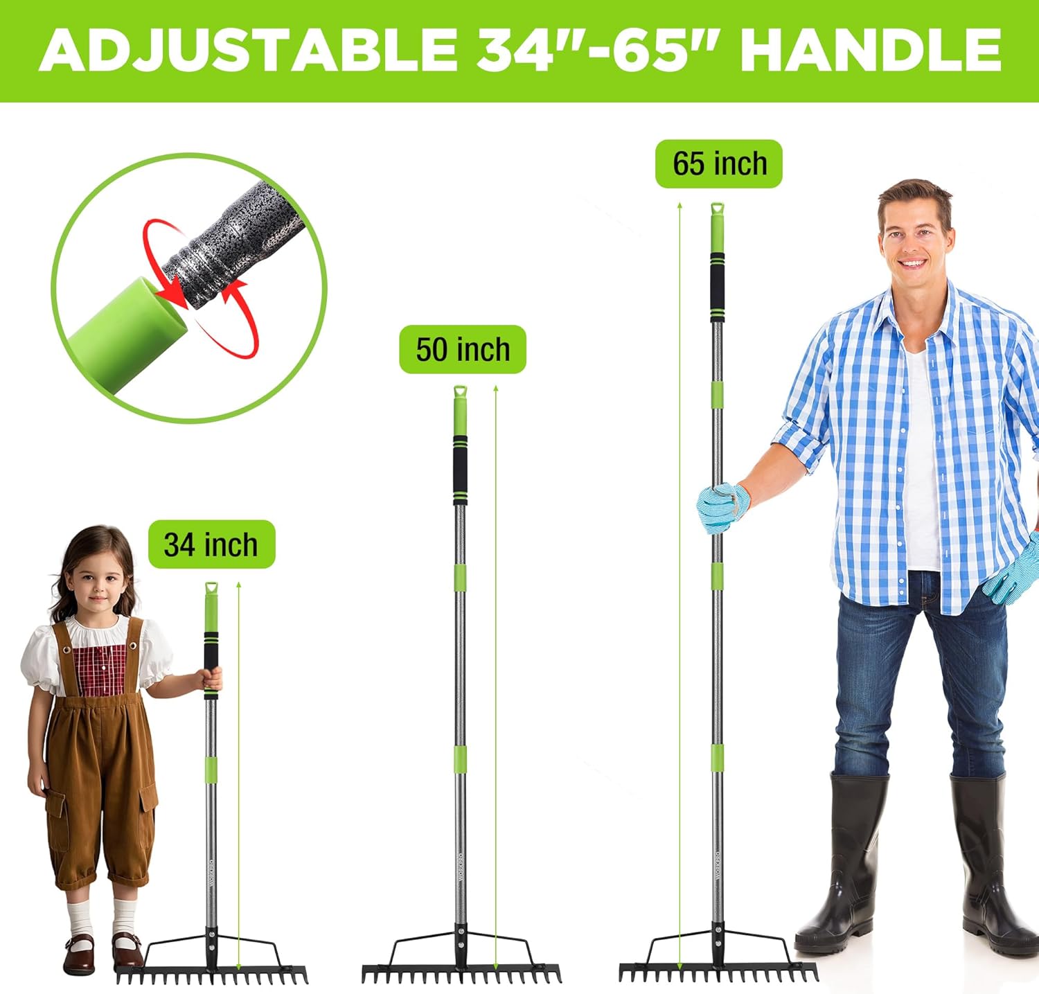 Adjustable bow rake handle, 34–65 in, with green end grips