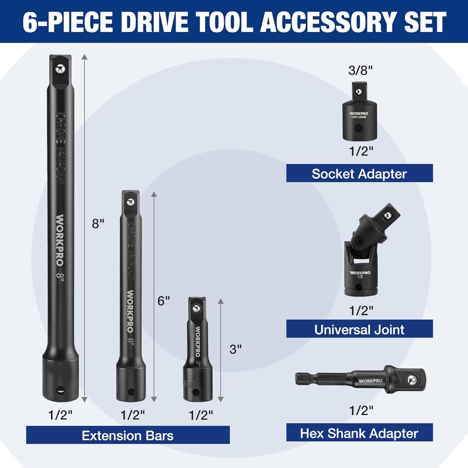 Black 1/2-in drive extension bar set with universal joint and socket adapter pieces