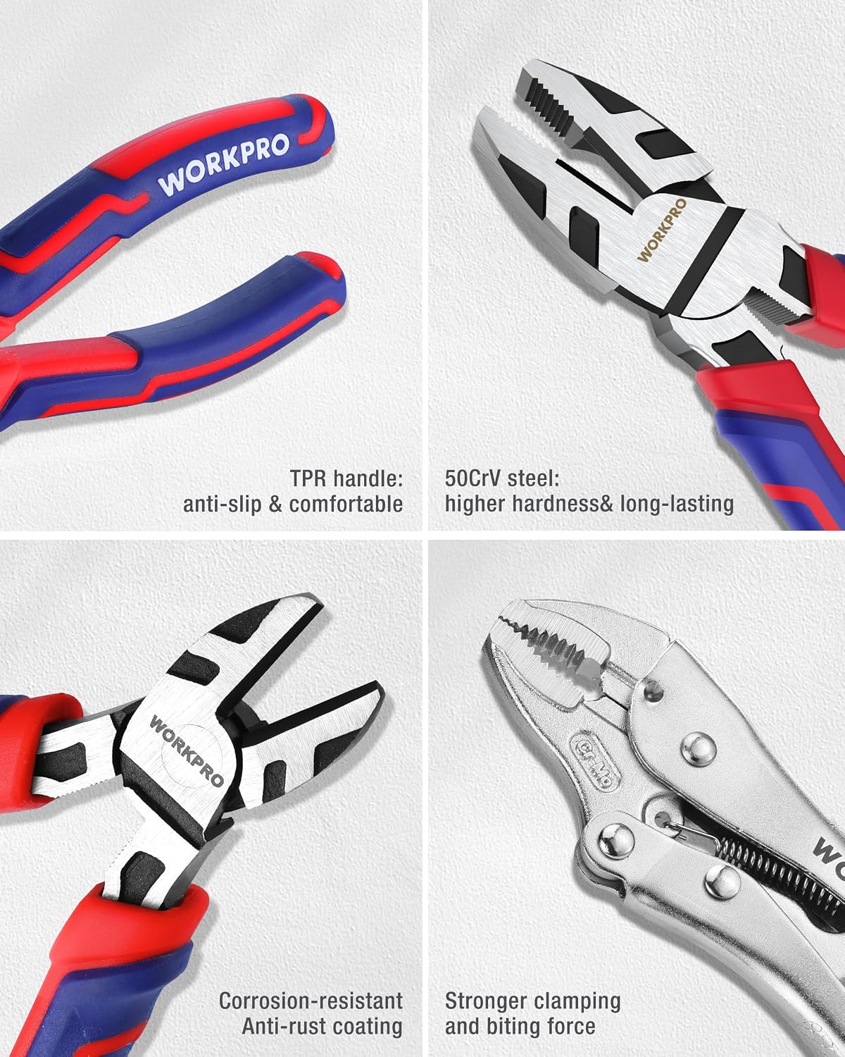 WORKPRO pliers with blue-red anti-slip grips and silver locking jaws