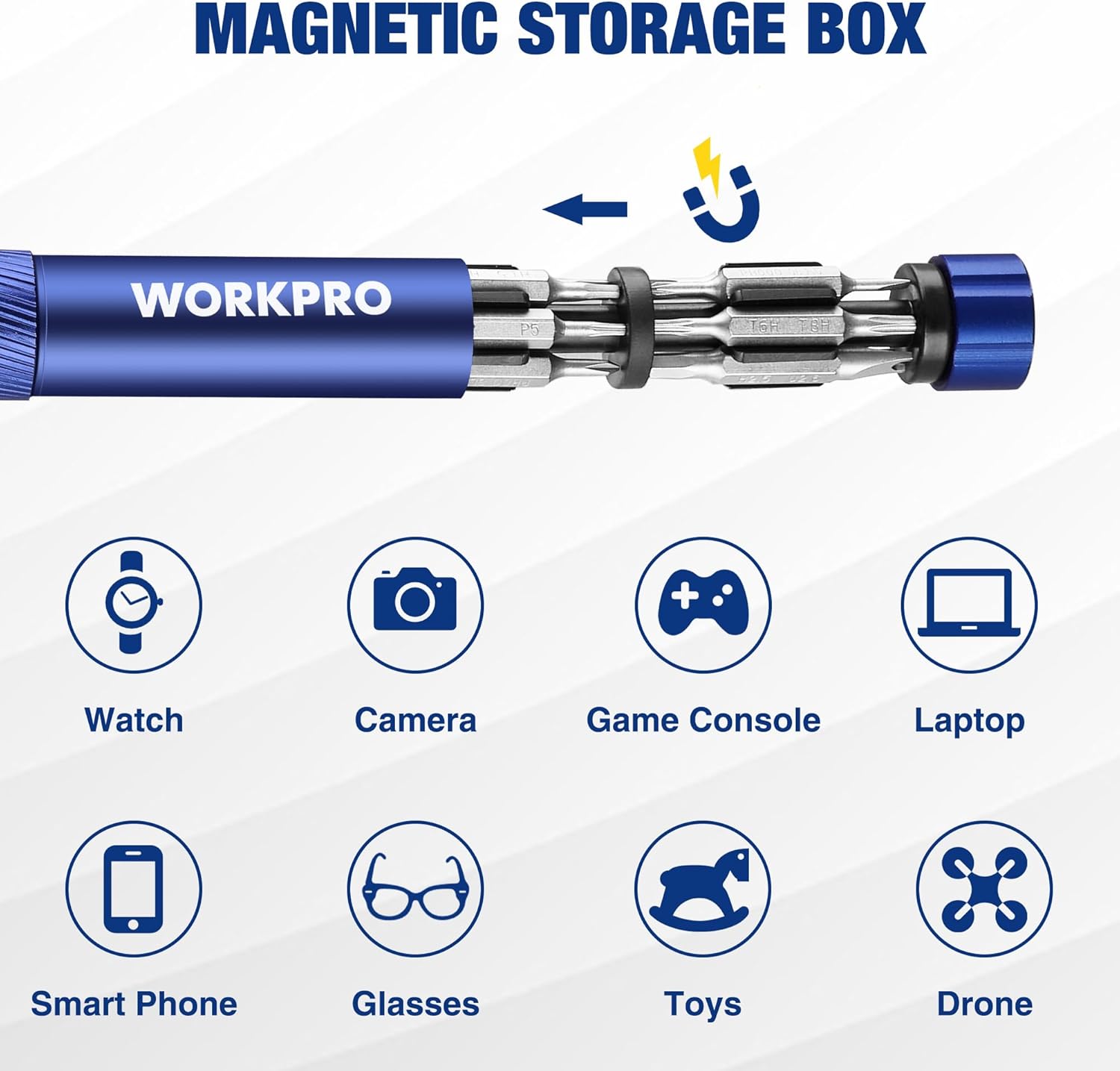 Blue WORKPRO 24-in-1 magnetic mini screwdriver with multiple bit heads