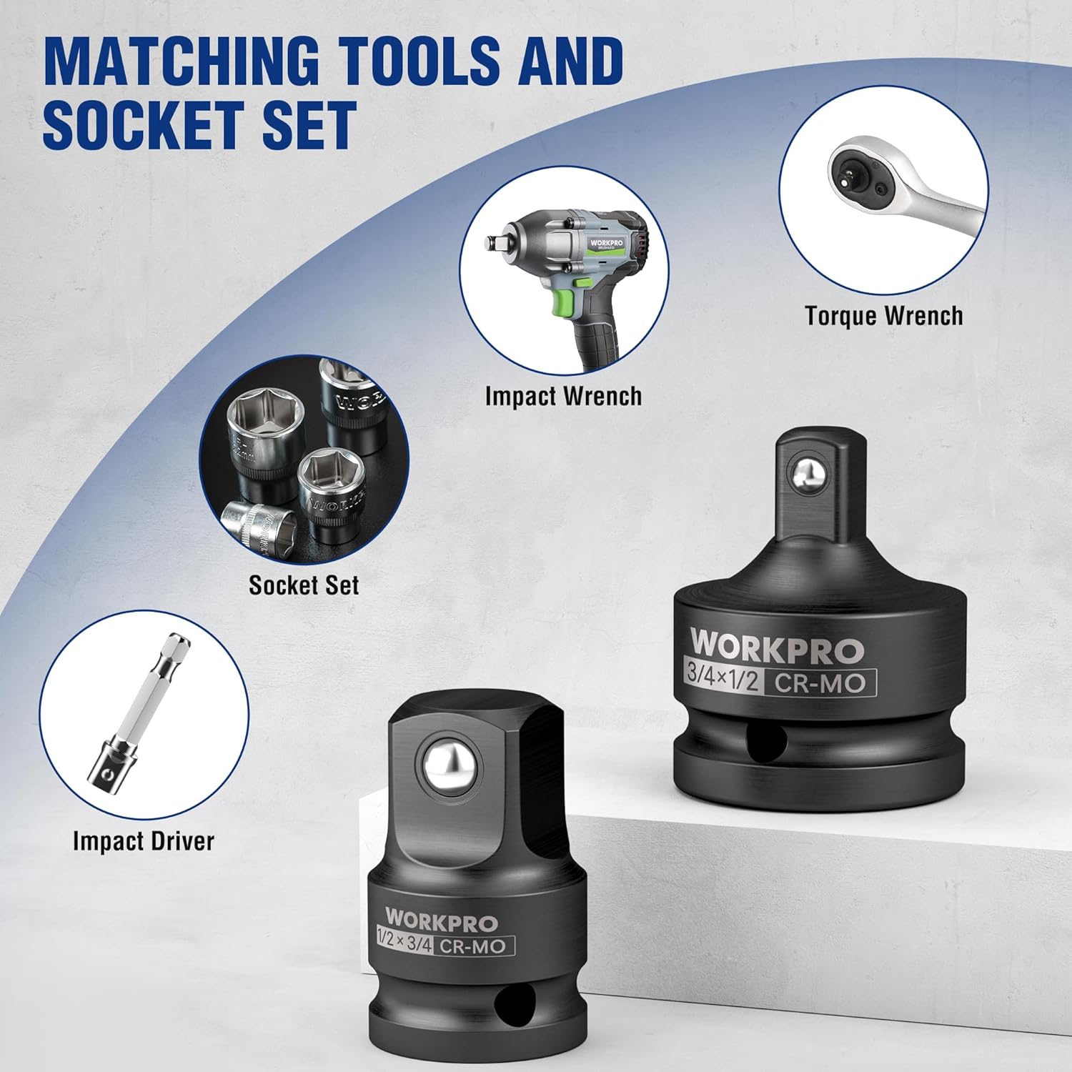Pair of black WORKPRO impact socket adapters shown with matching tools and socket set