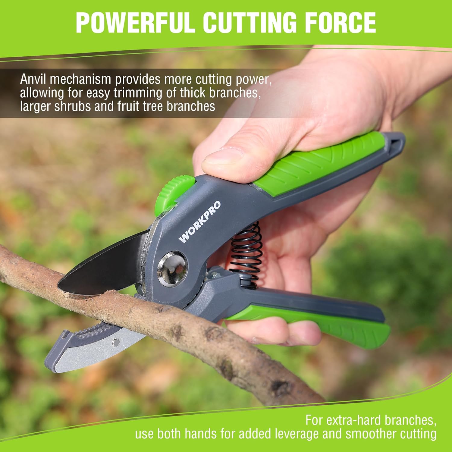 WORKPRO anvil pruning shear cutting thick branches; black blade with green grip handles