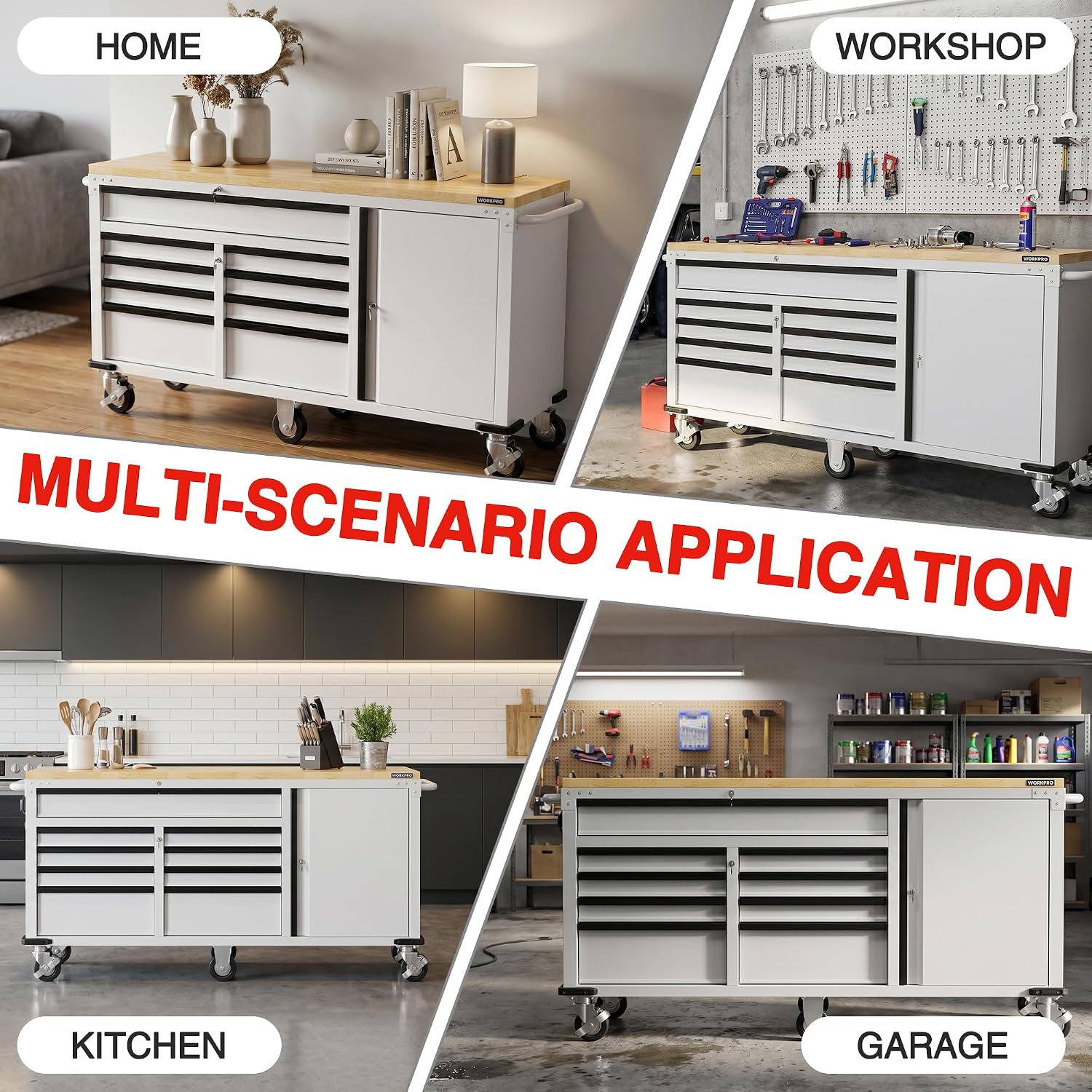 Mobile tool chest shown with multiple drawers and cabinet door on rolling casters