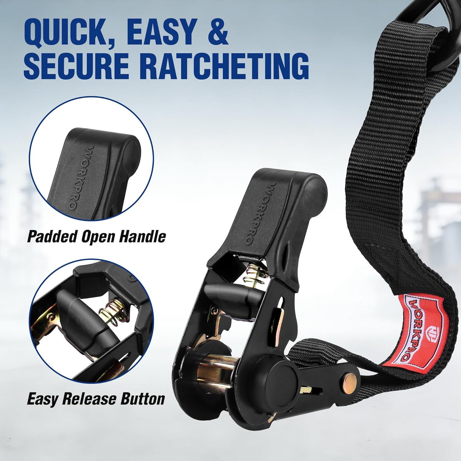 Black ratchet handle with padded grip and release button on webbing strap