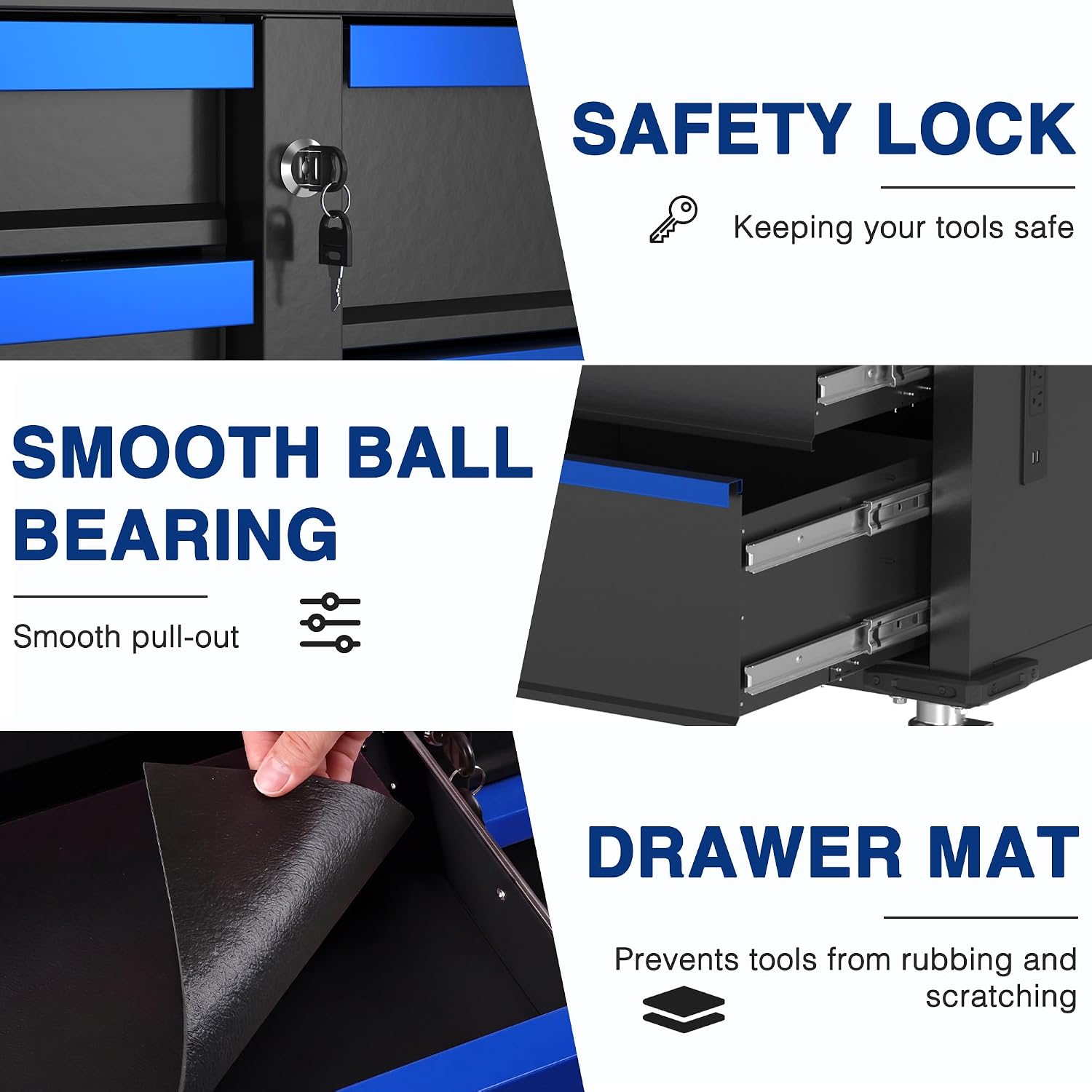 Rolling tool chest close-up features: safety lock, ball-bearing drawers, drawer mat