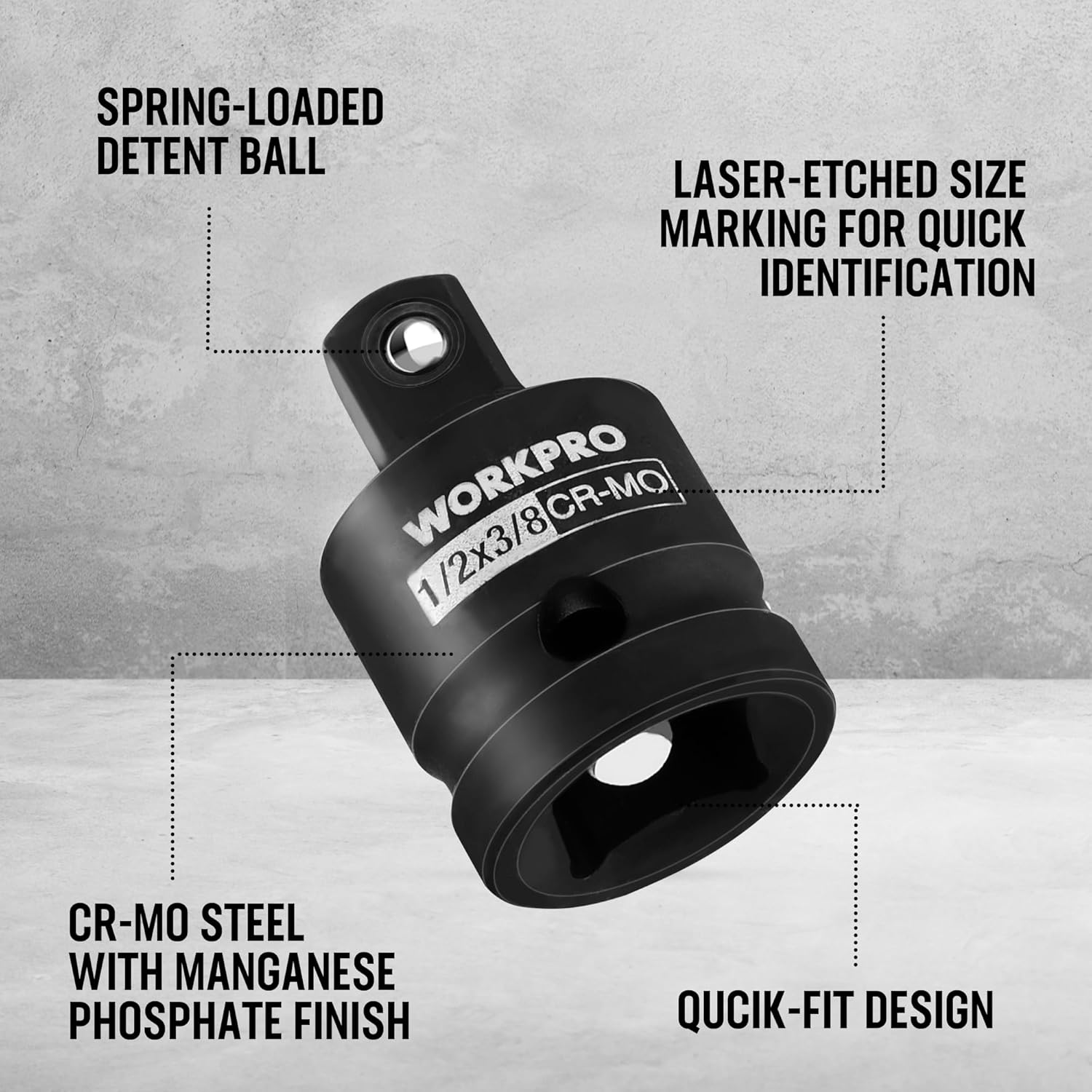 Black universal joint socket with 1/2x3/8 CR-MO steel size marking and quick-fit design