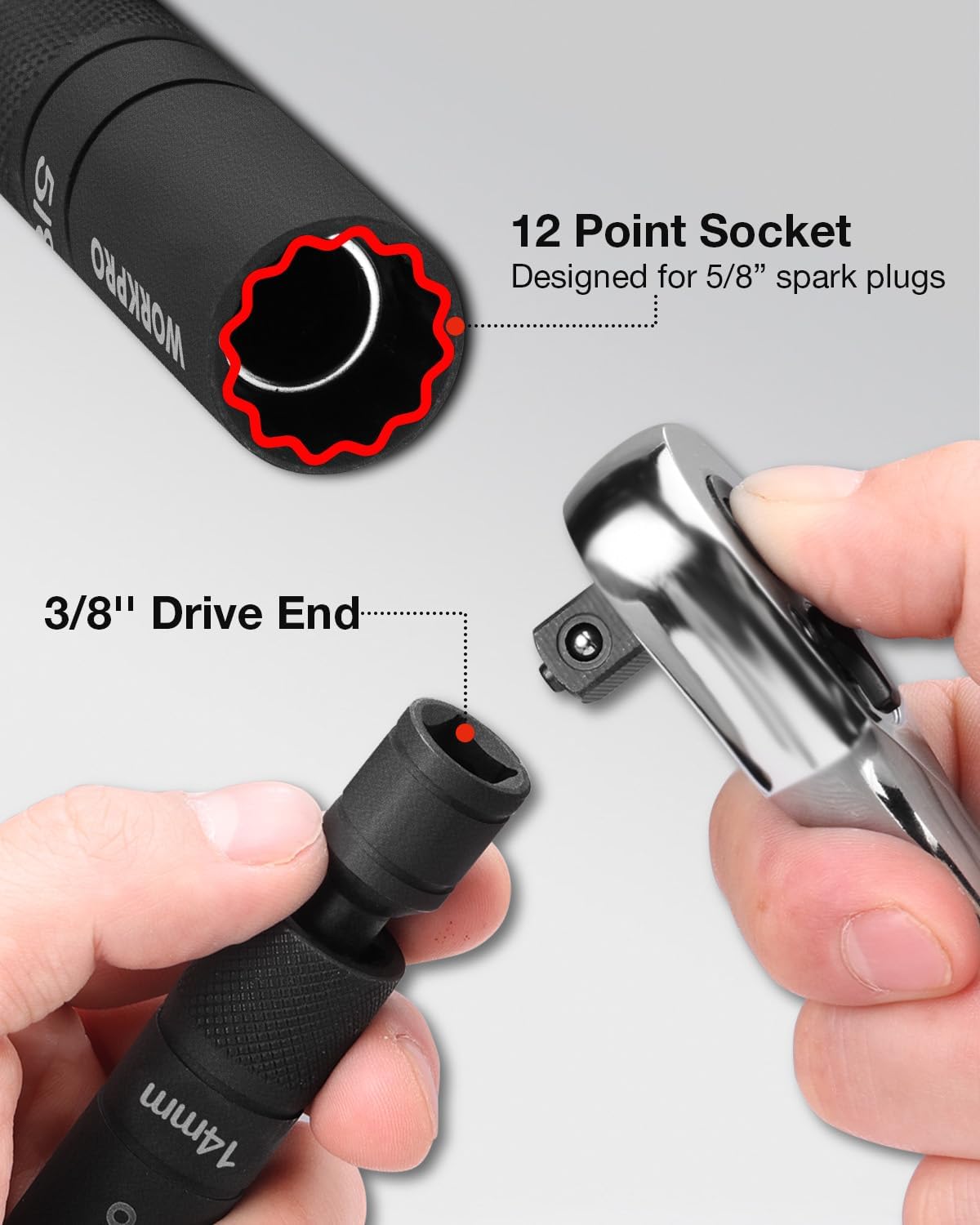 12-point spark plug socket with 3/8-inch drive and textured handle grip
