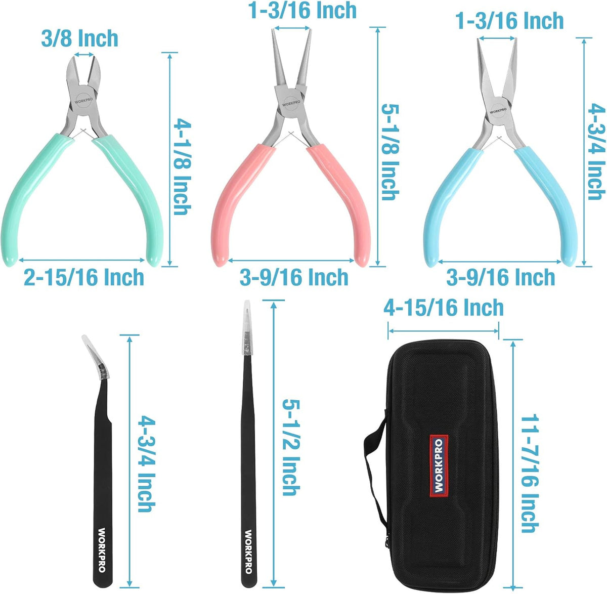 Jewelry pliers kit with multiple plier sizes, black case, and pointed tweezers