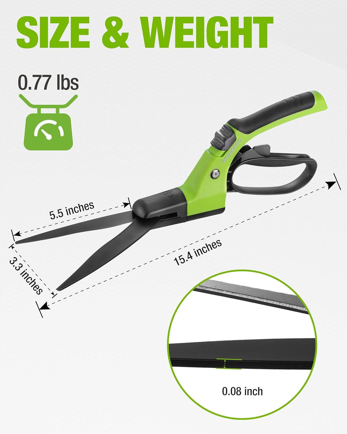 WORKPRO grass clippers size and weight diagram with 15.4-inch manual cutter