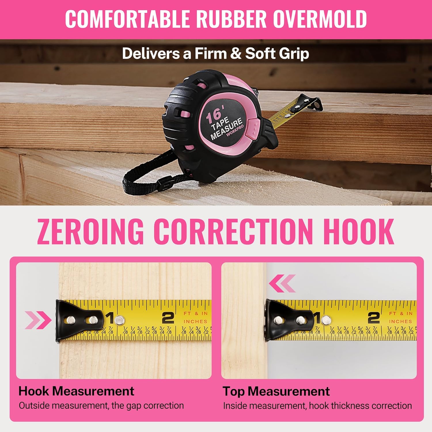 Tape measure with metal hook and blade, showing zeroing correction hook design