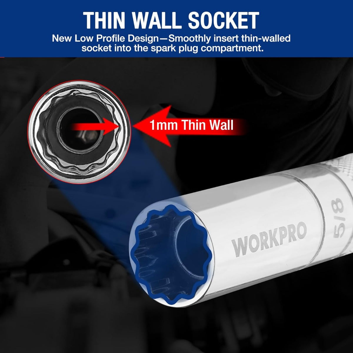 Thin-wall magnetic spark plug socket, 1 mm profile, 5/8 in size marking
