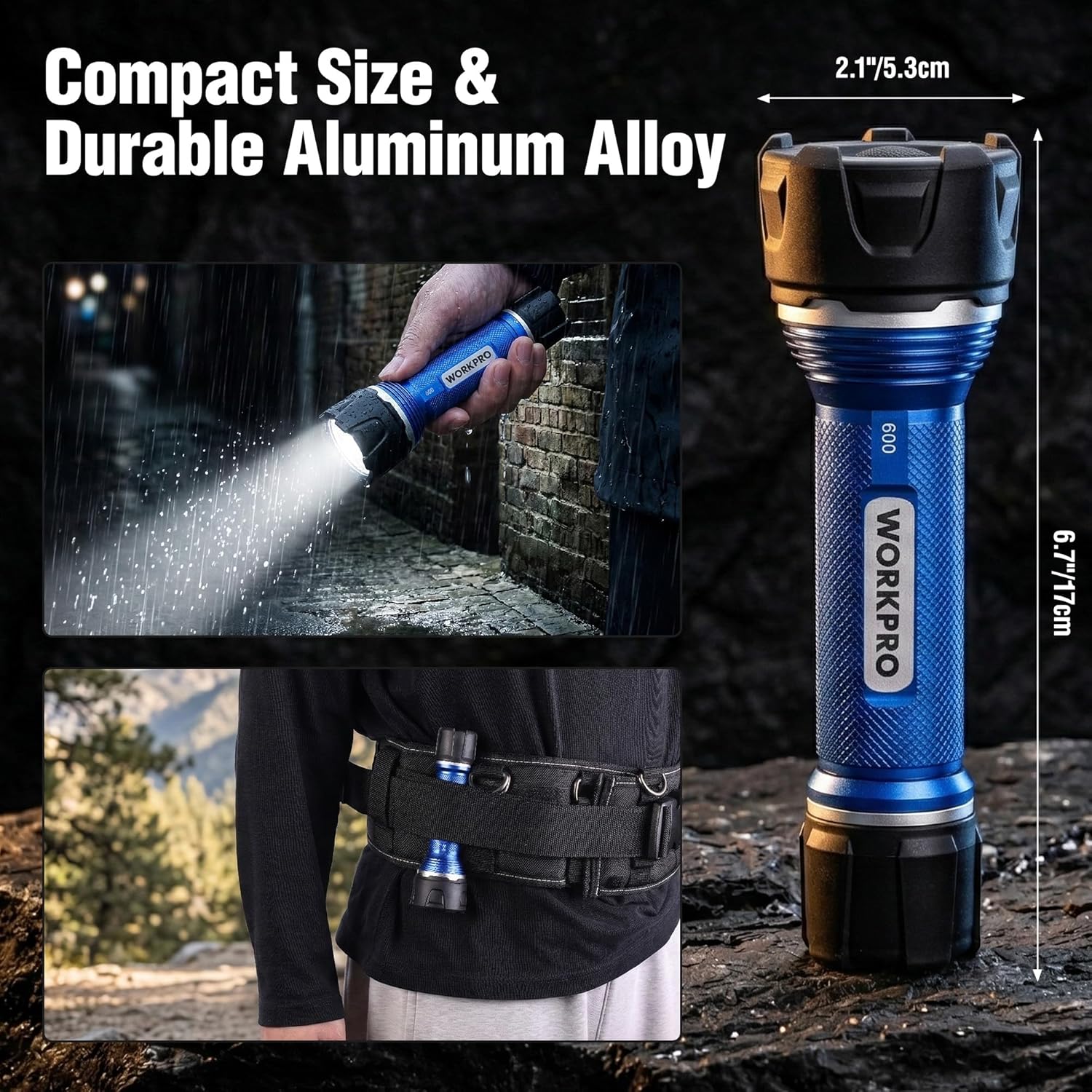 Blue and black compact aluminum LED flashlight with protective rubber bezel.
