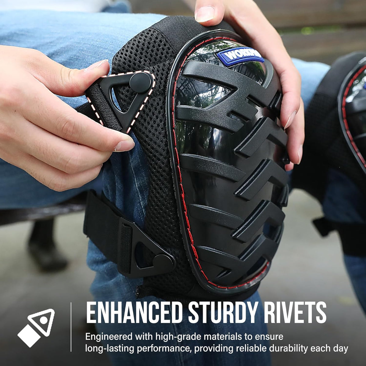 WORKPRO knee pad with adjustable buckle strap and textured black protective shell.