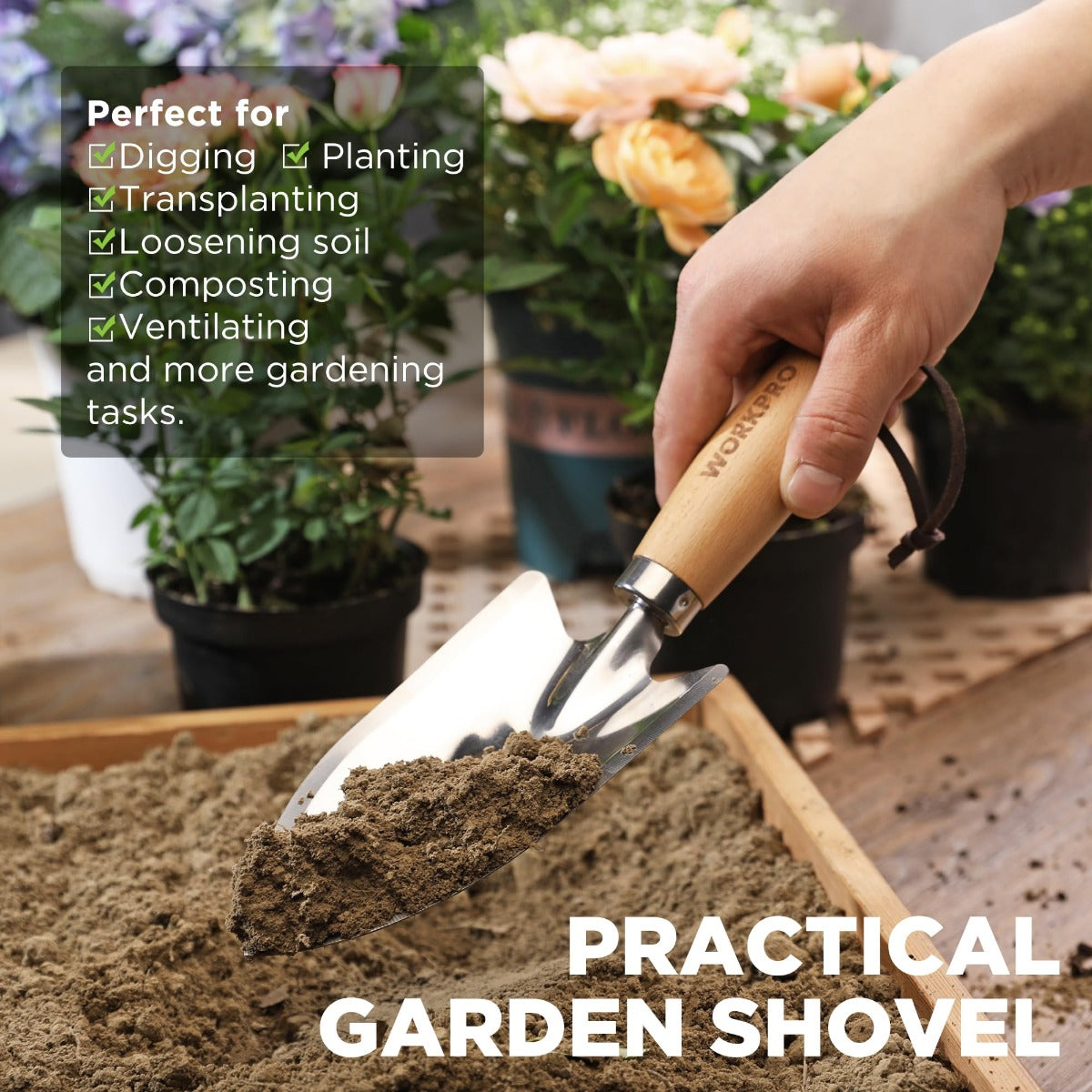 WORKPRO wooden-handled garden shovel tool with steel digging blade