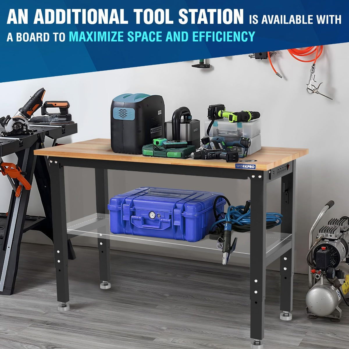 Adjustable workbench with open storage shelf under the hardwood tabletop