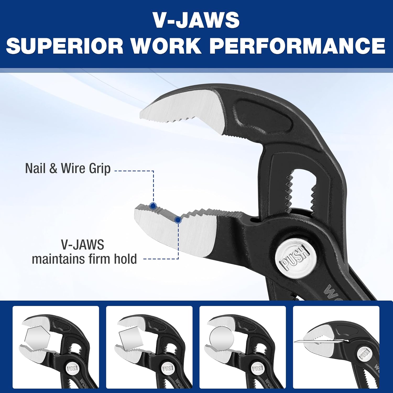 10 inch water pump pliers with V-jaw grip and push-lock button, black with blue handles
