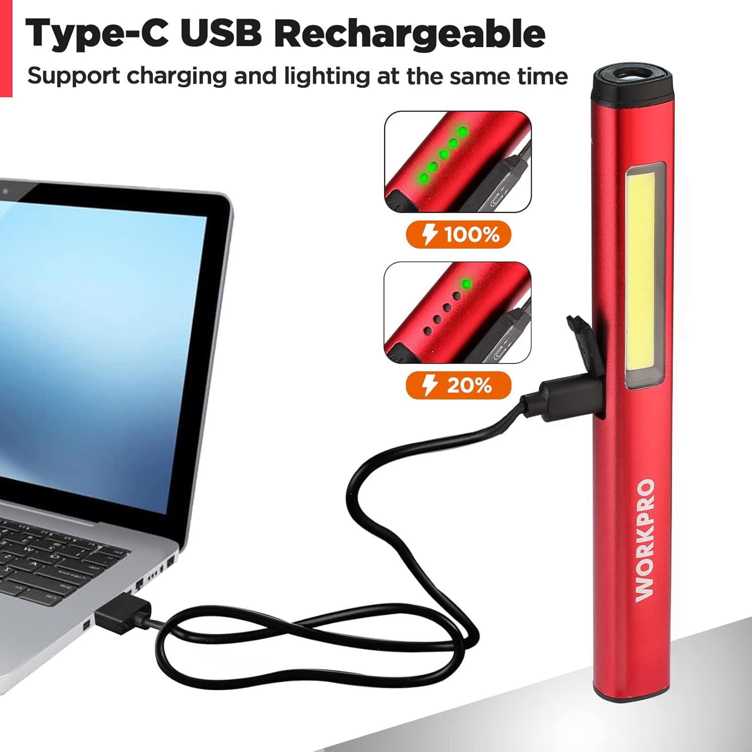 Red WORKPRO rechargeable pen light with USB-C cable and charge indicator LEDs