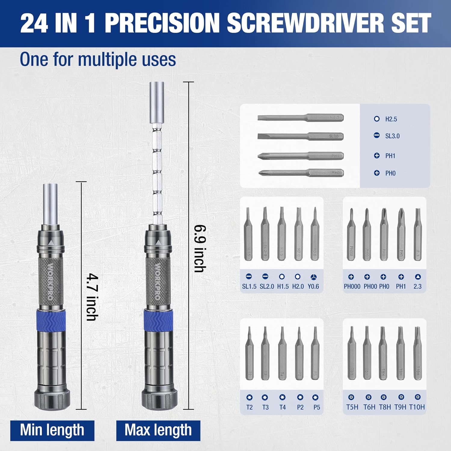 Extendable precision screwdriver set with multiple bits and adjustable min/max length