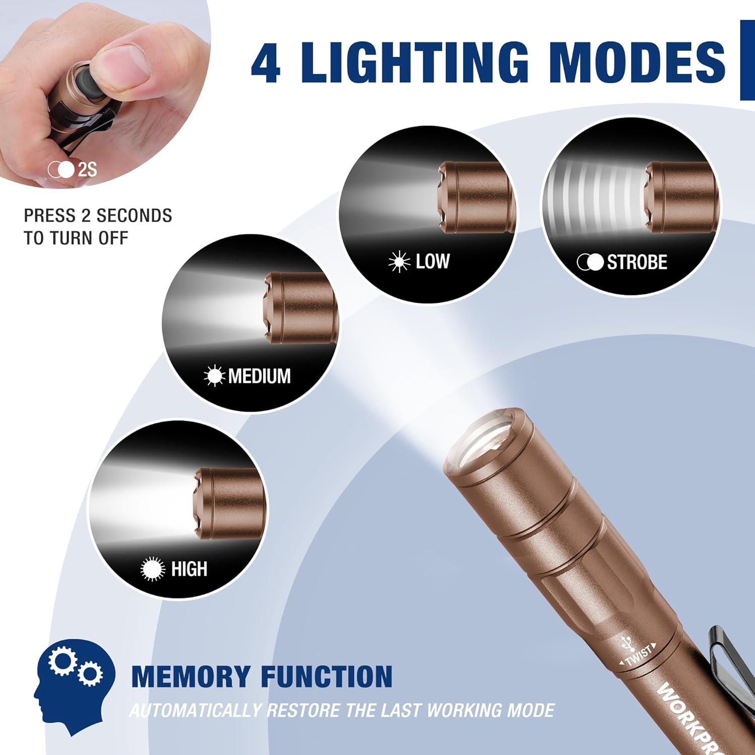 Brown pen light with click-style button, showing multiple lighting modes