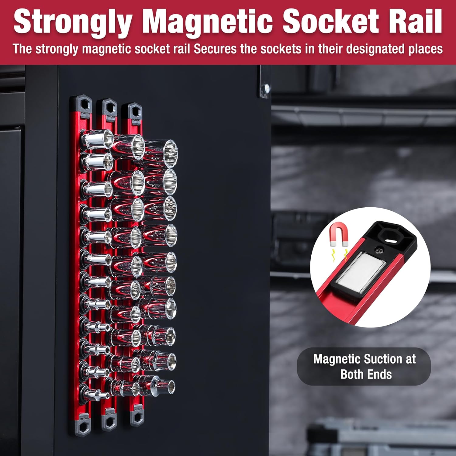 Red magnetic socket rail holding chrome sockets; clips secure at both ends