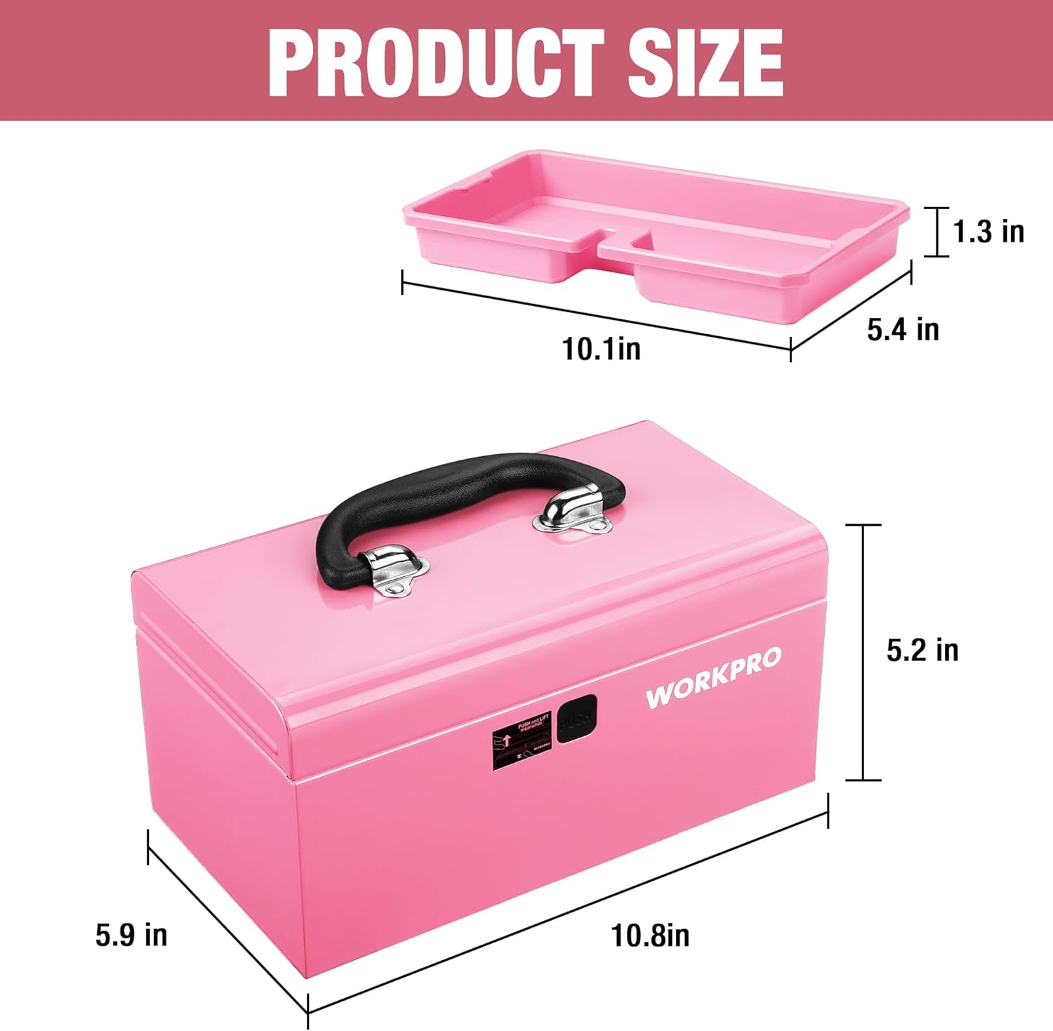 Pink mini metal tool box with one-button latch and black carrying handle.