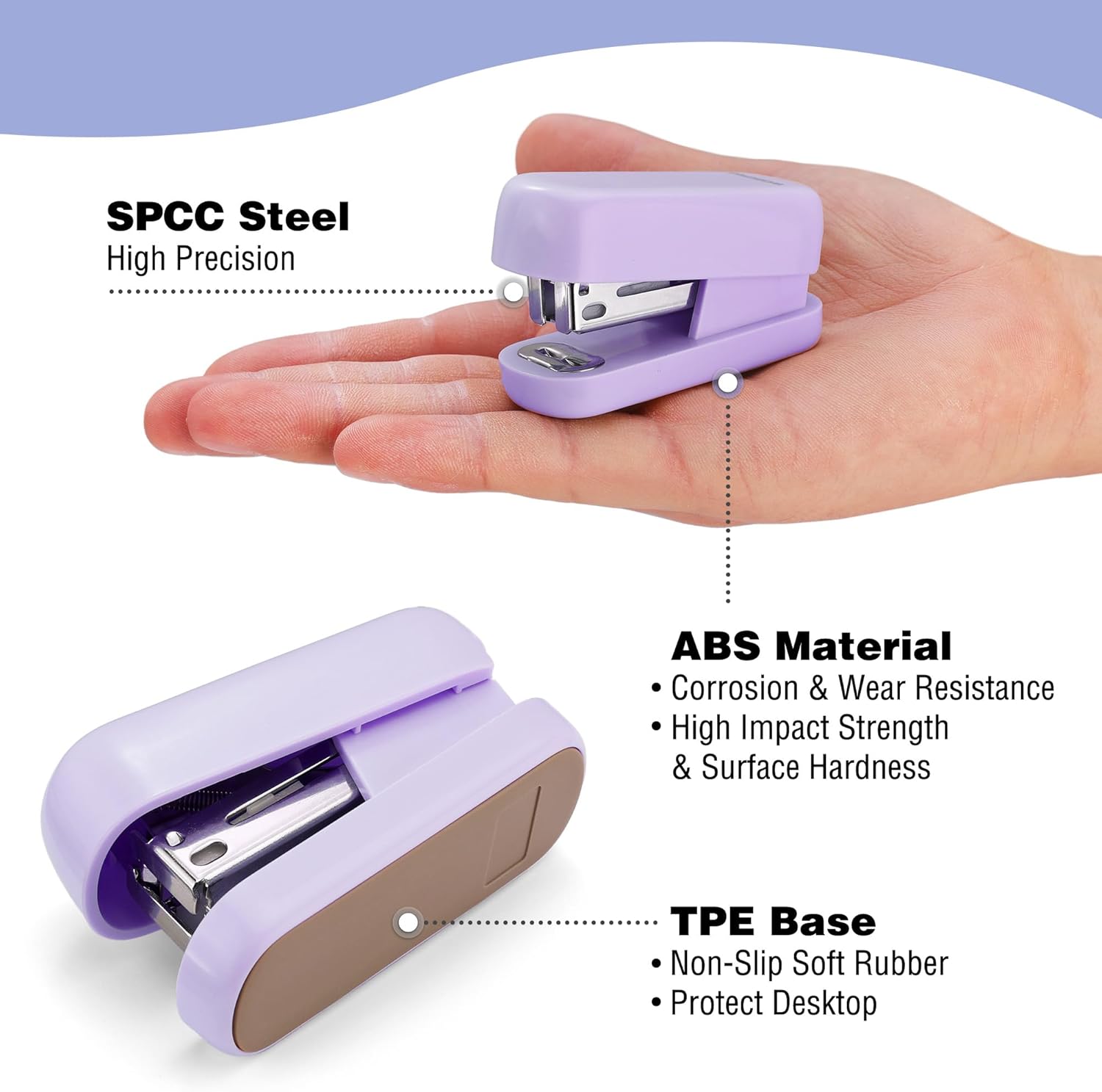 Purple mini stapler held in a hand, showing compact shape and metal stapling head