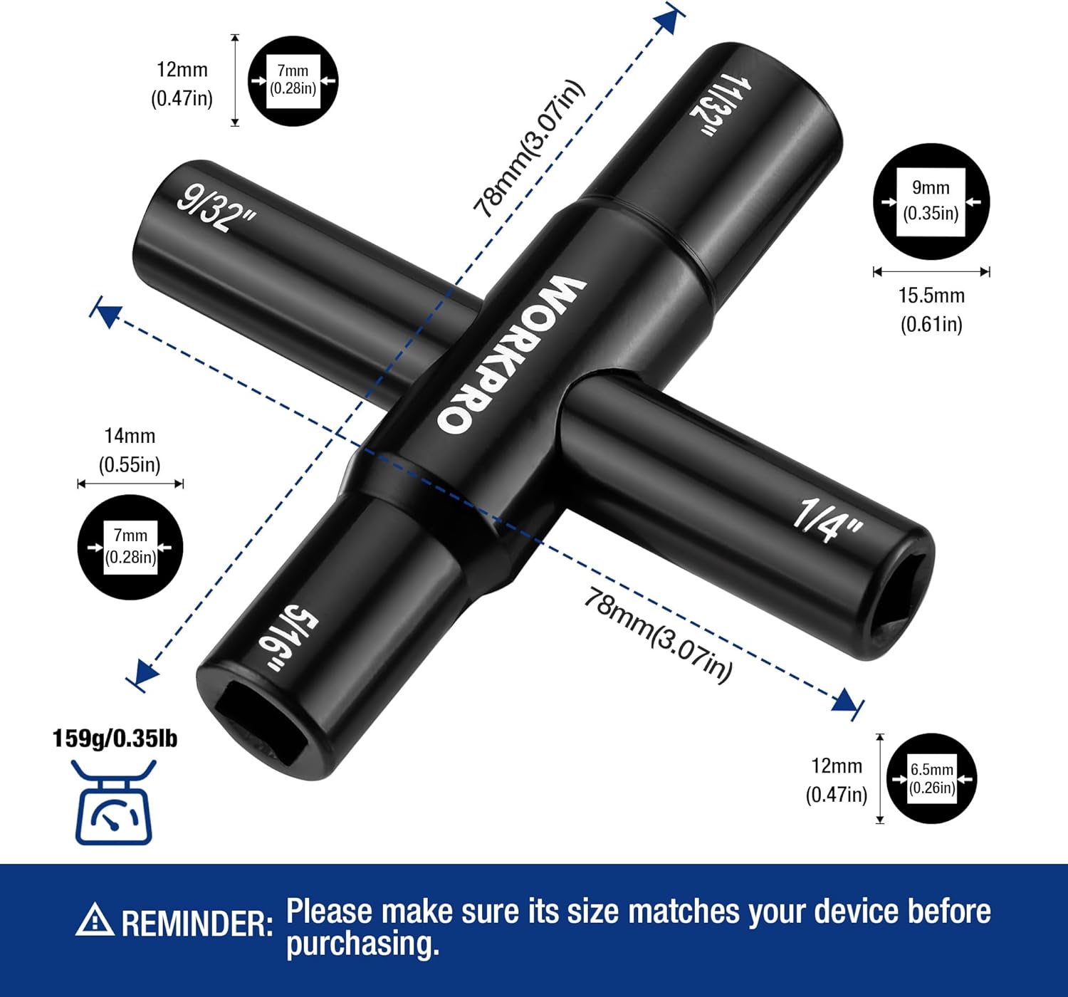 Black WORKPRO cross universal valve wrench key with labeled socket sizes