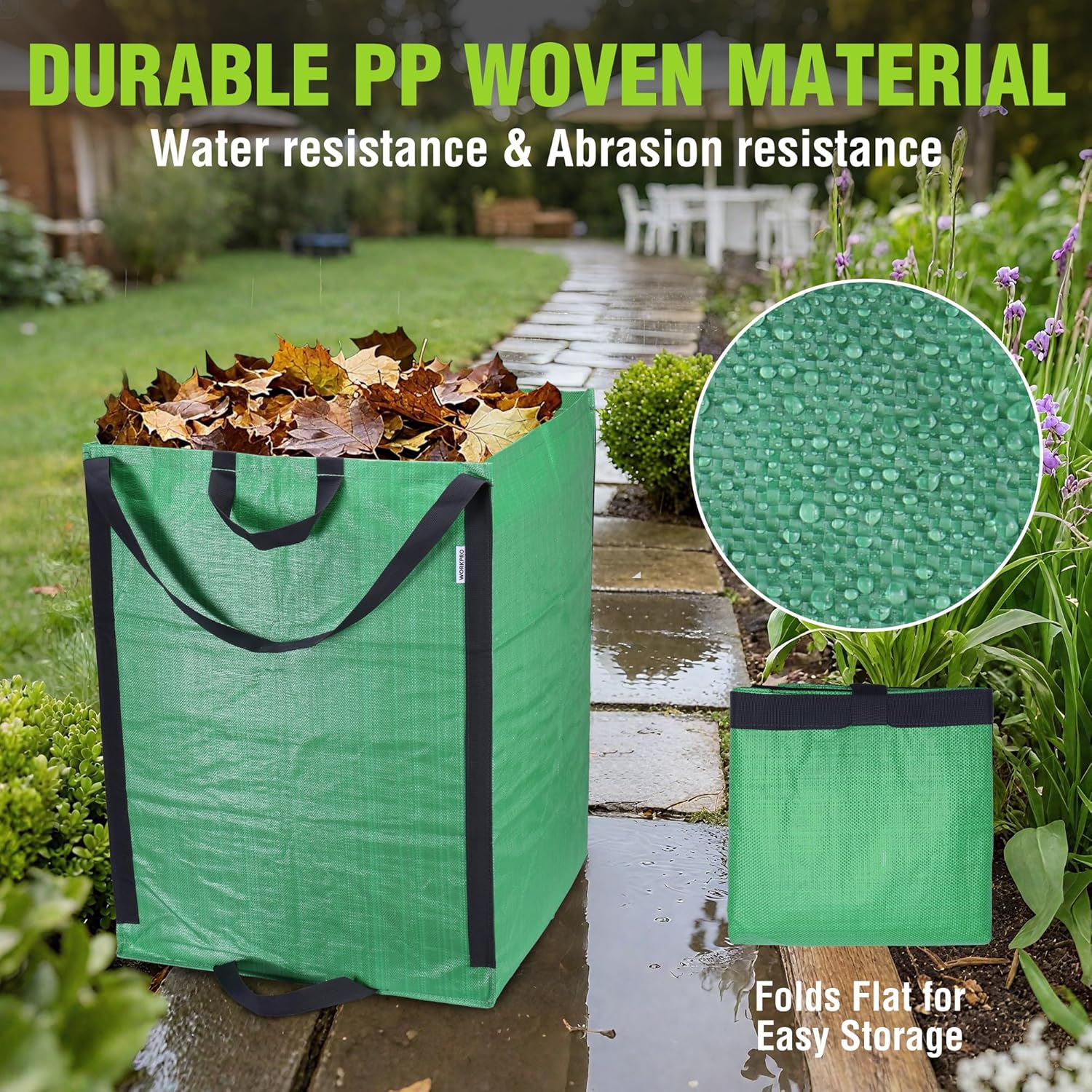 Green PP woven yard waste bag with durable material, folds flat for easy storage