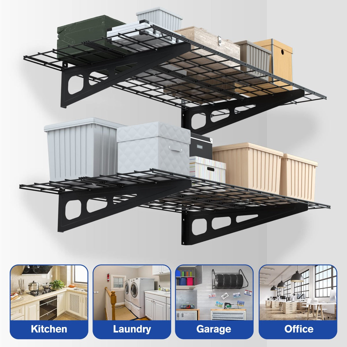 Black wall-mounted wire shelving set with two 4-foot grids and support brackets