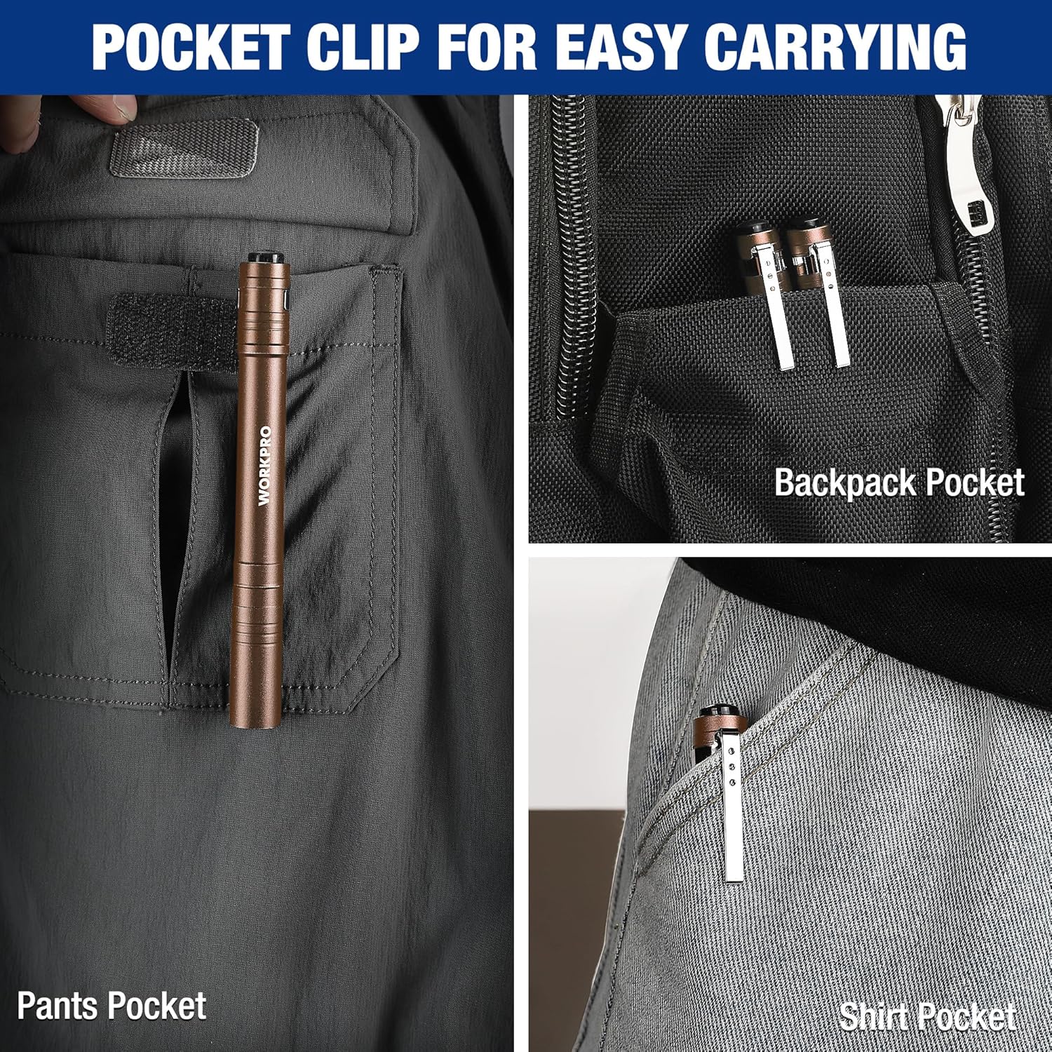 Brown LED pen flashlight clipped in a pants or shirt pocket