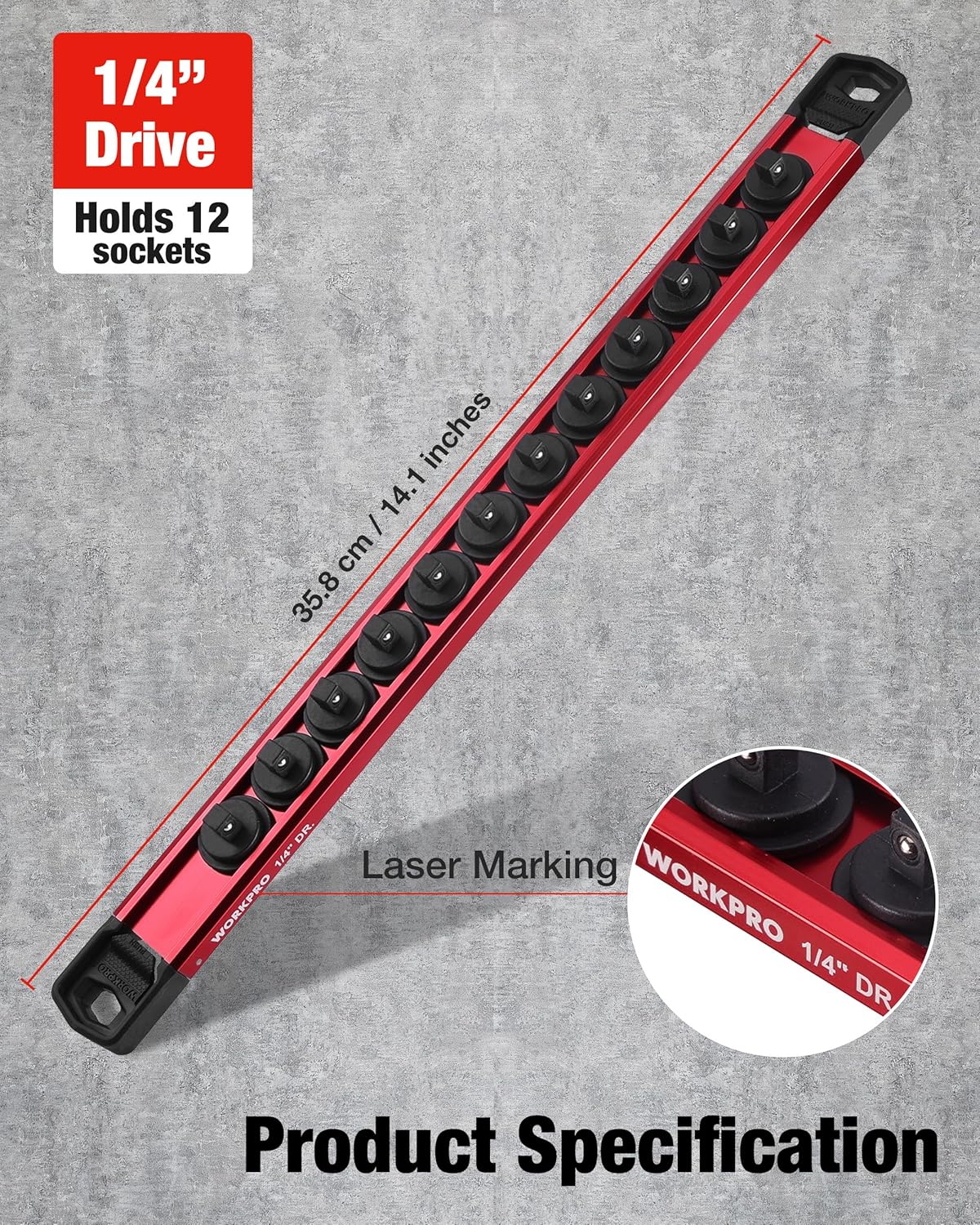 Red 1/4-inch drive magnetic socket rail with black clips and laser markings