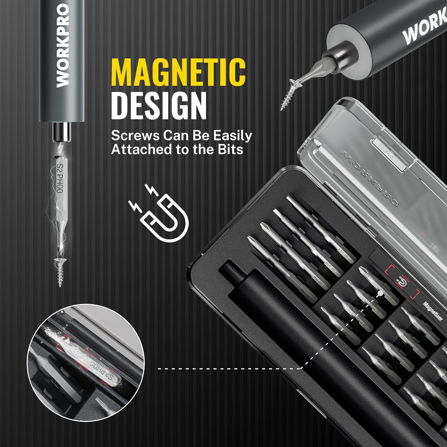 Magnetic mini electric screwdriver with attached bit and clear accessory case