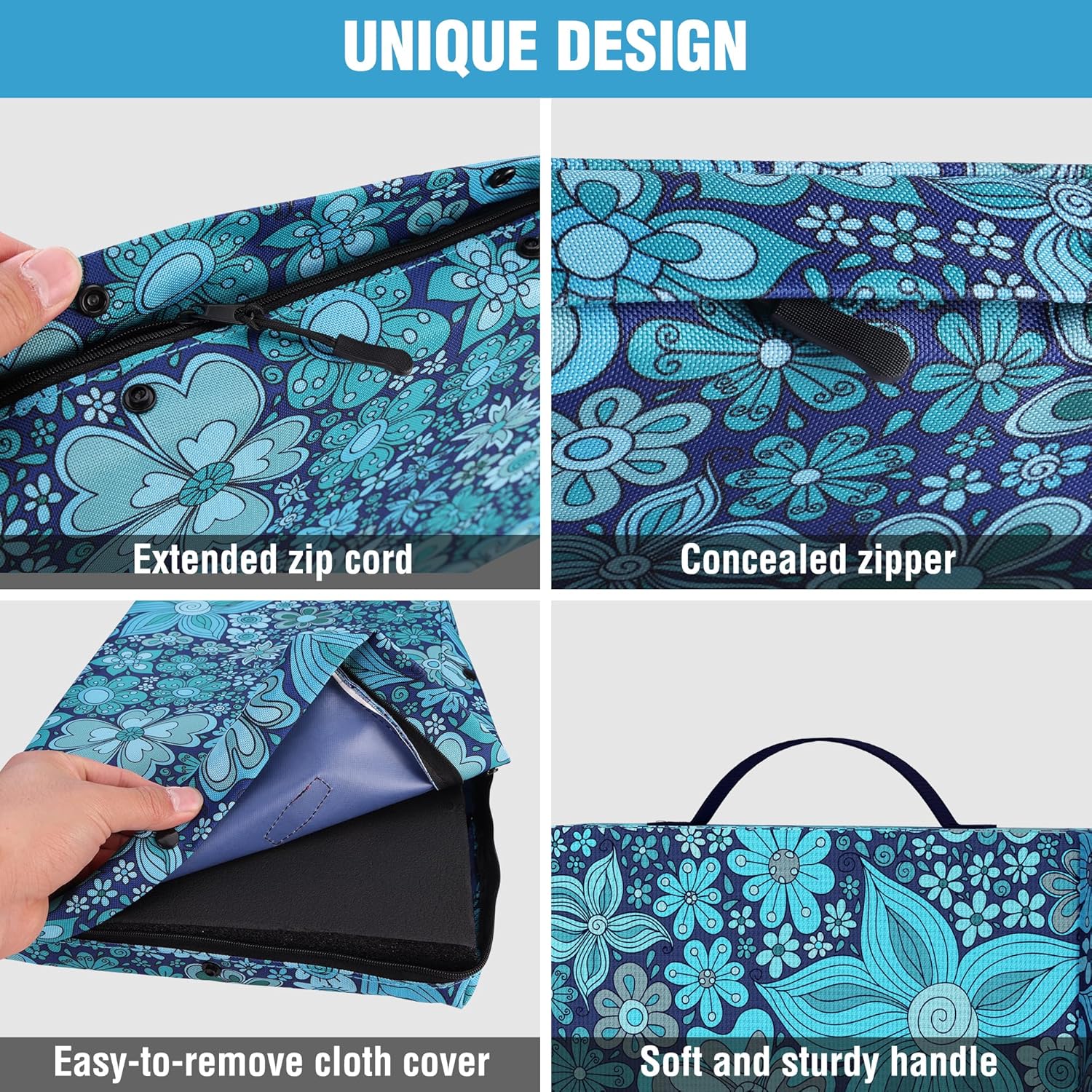 Blue floral kneeling pad with concealed zipper, extended zip cord, and handle