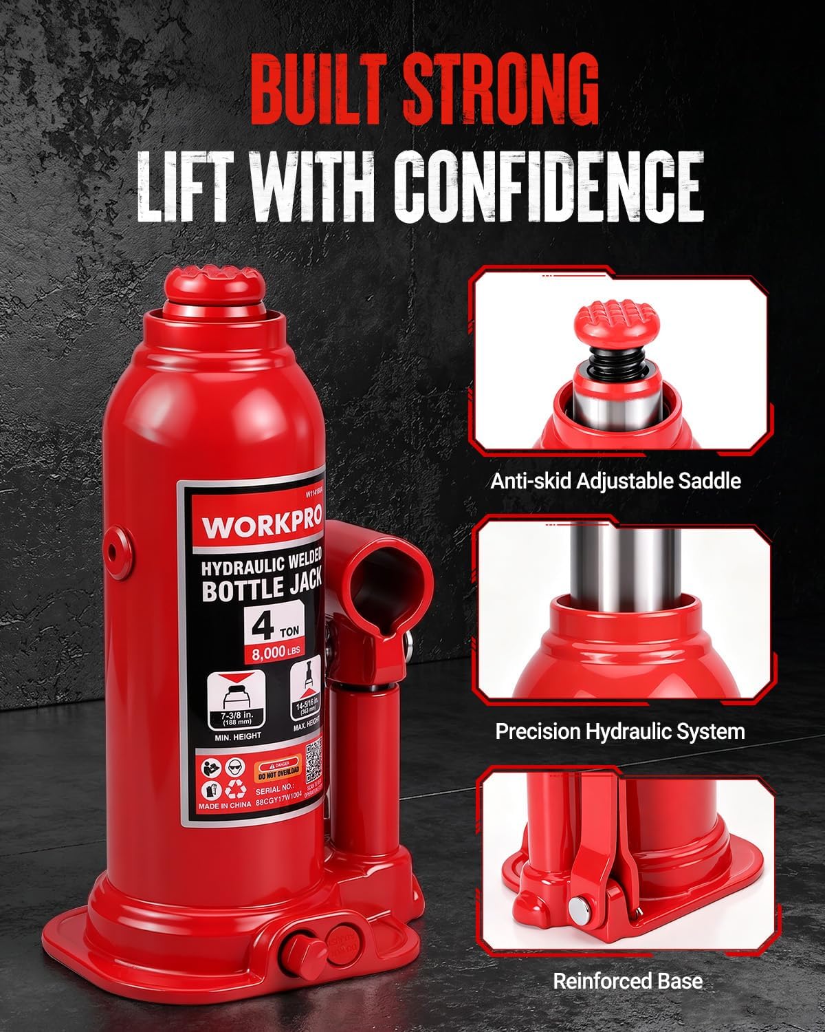 WORKPRO Bottle Jack, 4 Ton Heavy Duty Hydraulic Car Jack with Storage Case