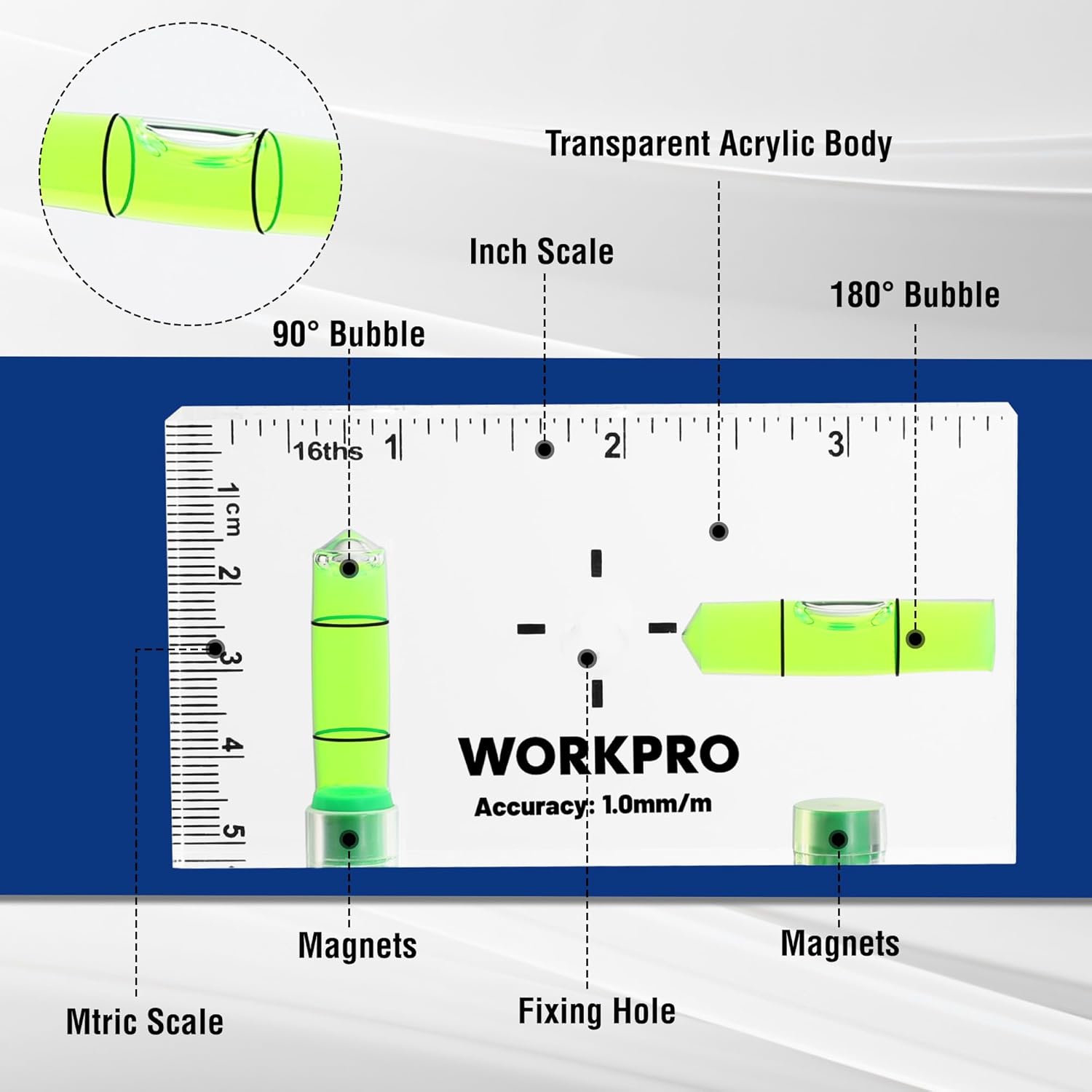 Transparent acrylic magnetic pocket level with green 90° and 180° bubbles and inch scale